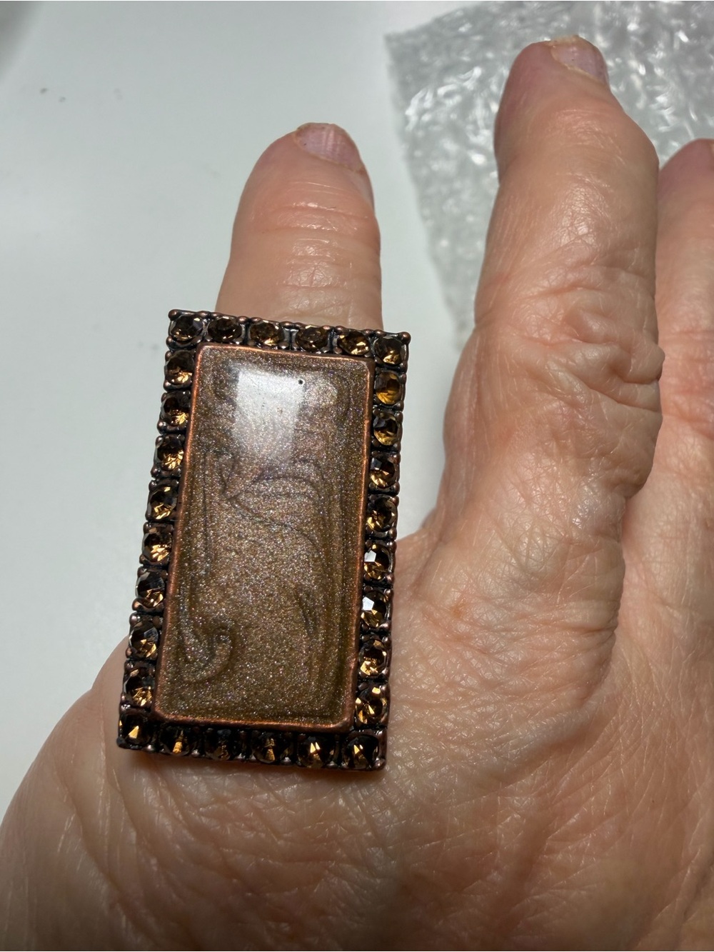 Rectangular Brown Crystal-Accent Statement Ring Vintage